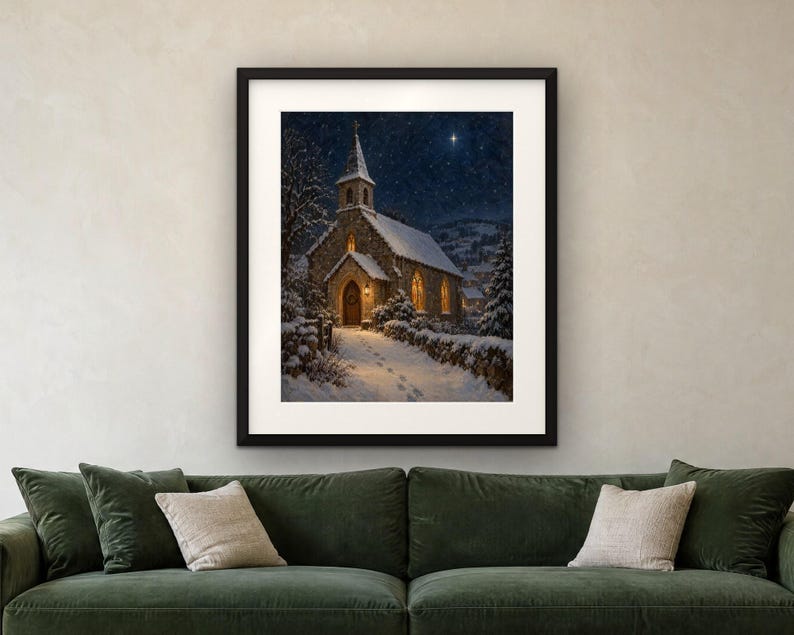 Silent Night Print, Snowy Church Christmas Oil Painting, Christian Wall Art (Digital Download) image 4