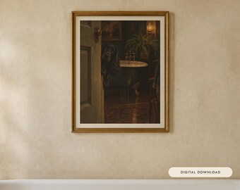 May include: A framed wall art print featuring a dark, moody interior scene. A black dog peeks from behind a partially open door into a bathroom with a clawfoot tub, a potted fern, and a lamp. The artwork is enclosed in a gold-toned frame.