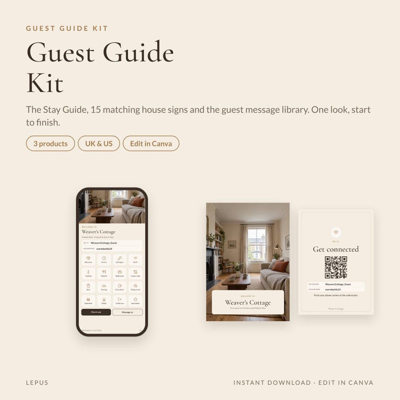 Pacchetto di benvenuto Airbnb / Guida telefonica per gli ospiti, Manuale della casa stampabile, 15 cartelli per la casa e messaggi per gli ospiti / Kit per host di case vacanza / Canva immagine 2
