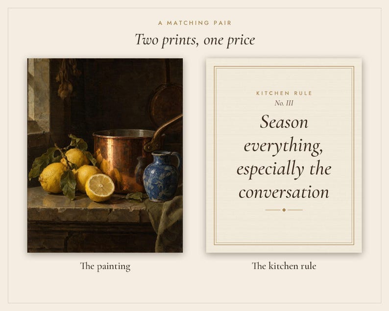 Lemons and Copper Kitchen Print Set of 2 | Still Life Oil Painting and Kitchen Quote | Cottage Kitchen Art | Digital Download image 3