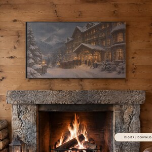 Frame TV Art: Het Grand Alpine Hotel, Vintage winter olieverfschilderij (digitale download) afbeelding 1