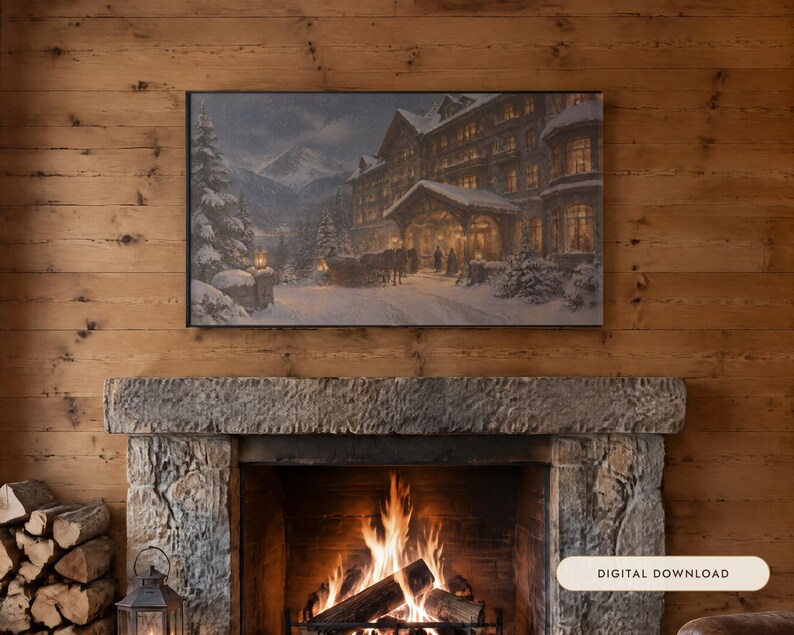 Frame TV Art: Het Grand Alpine Hotel, Vintage winter olieverfschilderij (digitale download) afbeelding 1