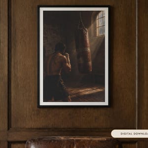 Boxing Oil Painting Print | Heavy Bag Boxer Gym Wall Art | Vintage Man Cave Decor | Printable Digital Download image 1