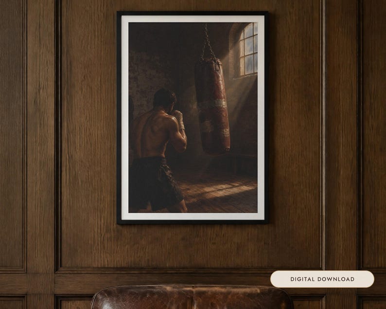 Boxing Oil Painting Print | Heavy Bag Boxer Gym Wall Art | Vintage Man Cave Decor | Printable Digital Download image 1