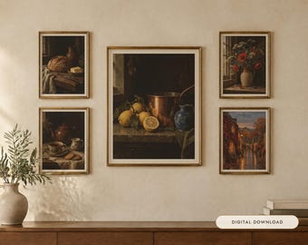 Cottagecore Gallery Wall Set of 5 | Vintage Still Life and Country Oil Painting Prints | Earthy Farmhouse Wall Art | Digital Download