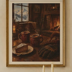 May include: A framed wall art print depicting a cozy indoor scene with two brown mugs, a slice of cake on a plate, a winter hat, and a glove on a wooden table. In the background, a fireplace glows near a window showing snowy mountains.