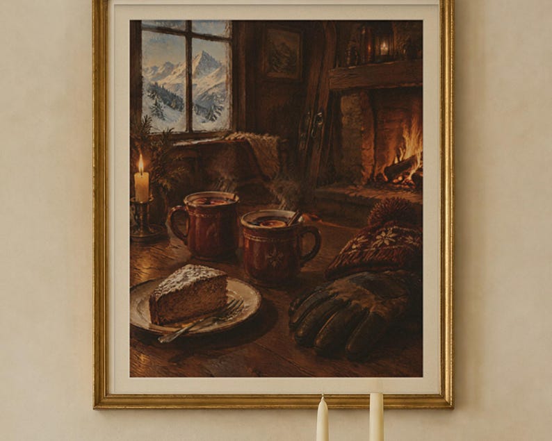 May include: A framed wall art print depicting a cozy indoor scene with two brown mugs, a slice of cake on a plate, a winter hat, and a glove on a wooden table. In the background, a fireplace glows near a window showing snowy mountains.