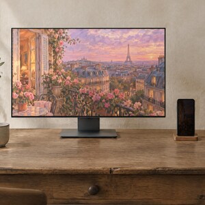 Paris Balcony Wallpaper | Oil Painting Old Romance Phone, iPad and Desktop Background | Parisian Aesthetic | Digital Download image 2