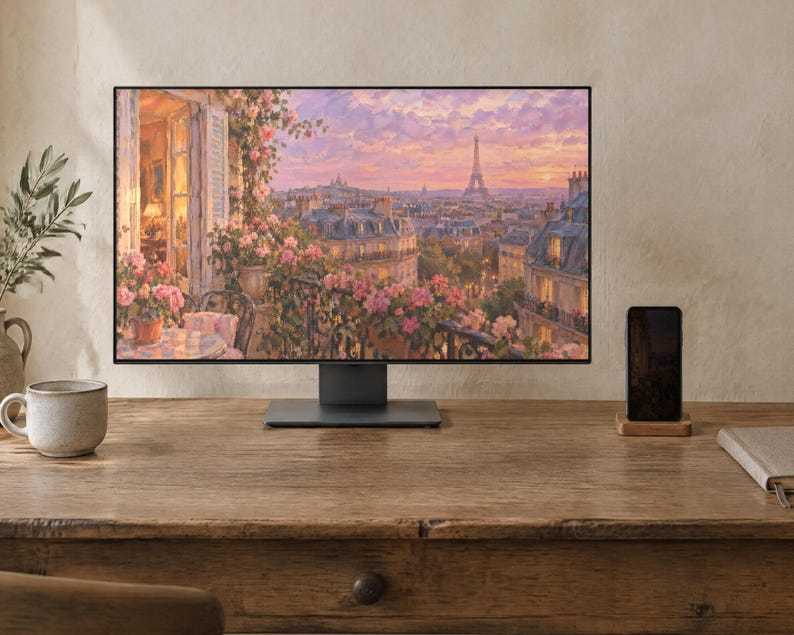 Paris Balcony Wallpaper | Oil Painting Old Romance Phone, iPad and Desktop Background | Parisian Aesthetic | Digital Download image 2
