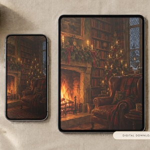 May include: A smartphone and a tablet displaying a digital illustration of a cozy library interior with a lit fireplace, a decorated Christmas tree, and a leather armchair. A small rectangular label reads Digital Download.