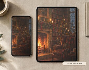 May include: A smartphone and a tablet displaying a digital illustration of a cozy library interior with a lit fireplace, a decorated Christmas tree, and a leather armchair. A small rectangular label reads Digital Download.