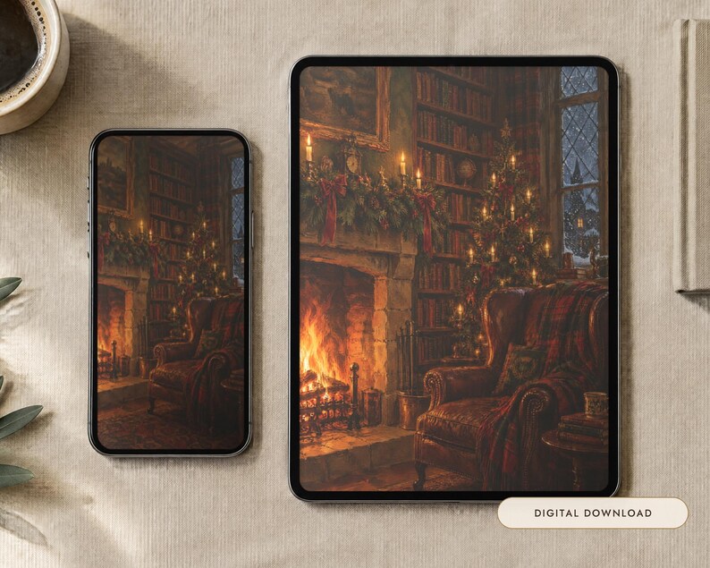 May include: A smartphone and a tablet displaying a digital illustration of a cozy library interior with a lit fireplace, a decorated Christmas tree, and a leather armchair. A small rectangular label reads Digital Download.