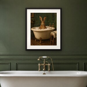 Print van een haas in bad | Grappige muurdecoratie voor de badkamer | Vintage olieverfschilderij met dieren | Neem de tijd, schatje | Digitale download afbeelding 4