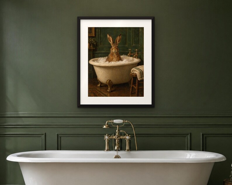 Print van een haas in bad | Grappige muurdecoratie voor de badkamer | Vintage olieverfschilderij met dieren | Neem de tijd, schatje | Digitale download afbeelding 4