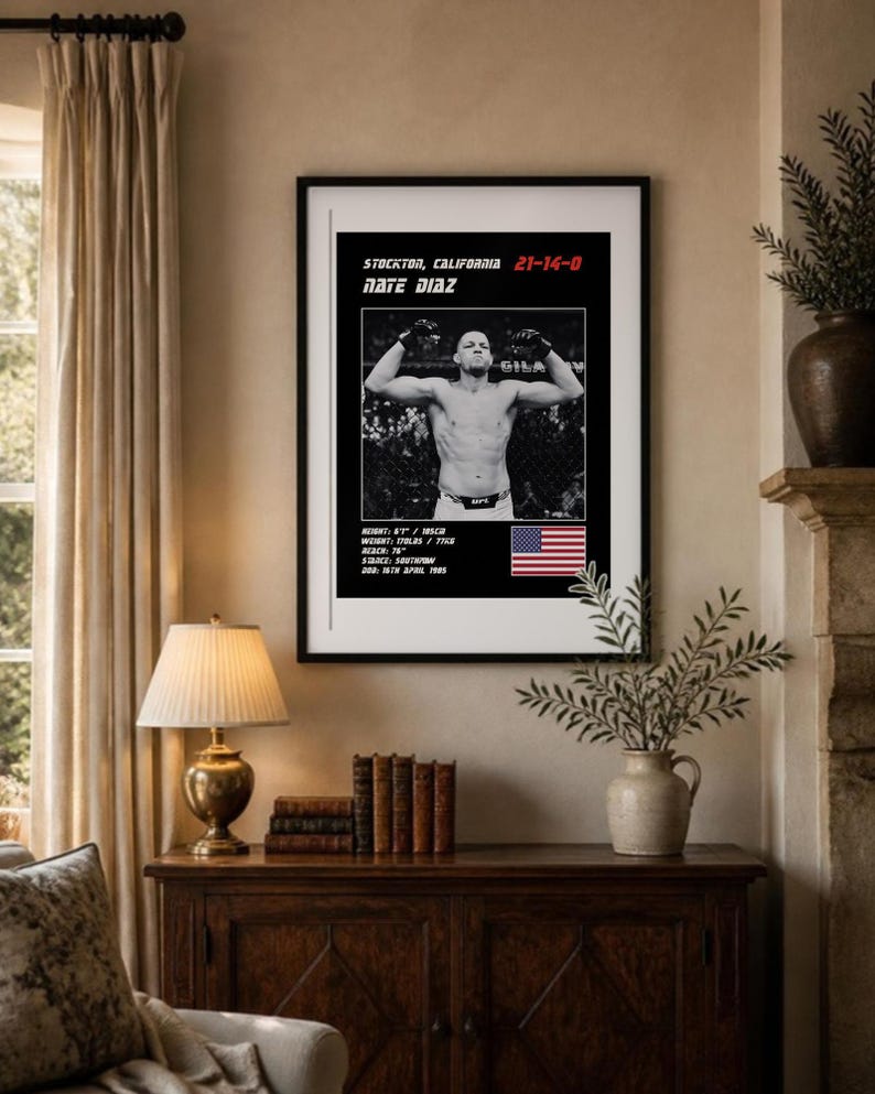 Plakat MMA Nate'a Diaza | Grafika ścienna do walki w Stockton | Edycje czarno-białe | Pobieranie cyfrowe zdjęcie 3