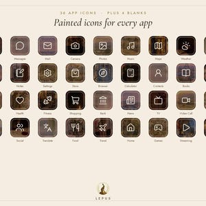 May include: A collection of 36 app icons plus 4 blanks featuring painted textures in dark brown and muted tones. Each square icon displays a white line-art symbol and text label. The header reads 36 APP ICONS PLUS 4 BLANKS Painted icons for every app.