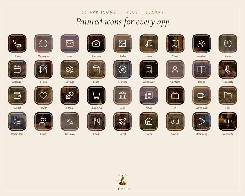 May include: A collection of 36 app icons plus 4 blanks featuring painted textures in dark brown and muted tones. Each square icon displays a white line-art symbol and text label. The header reads 36 APP ICONS PLUS 4 BLANKS Painted icons for every app.