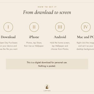 May include: An instructional graphic titled How to set it: From download to screen. It outlines four steps for setting digital wallpapers on iPhone, Android, Mac, and PC. A note states this is a digital download for personal use, nothing is posted.