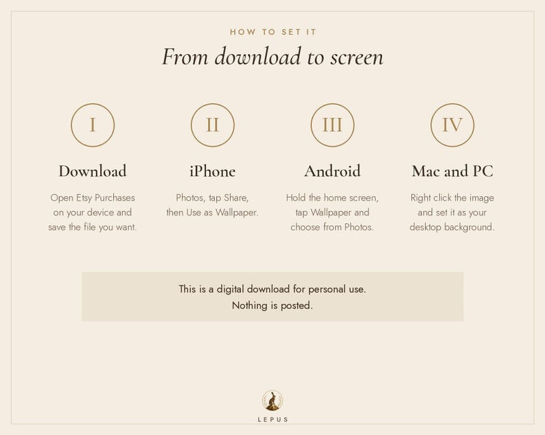May include: An instructional graphic titled How to set it: From download to screen. It outlines four steps for setting digital wallpapers on iPhone, Android, Mac, and PC. A note states this is a digital download for personal use, nothing is posted.