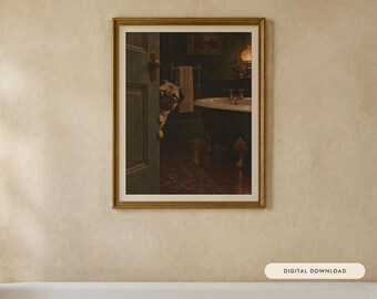Décoration murale pour salle de bain : Carlin, reproduction d'une peinture à l'huile représentant un chien qui jette un coup d'œil amusant (téléchargement numérique)