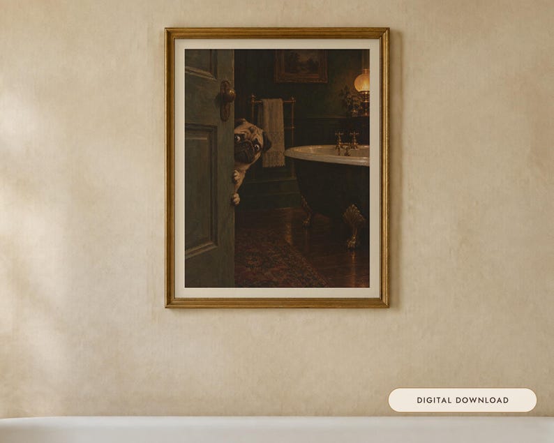 Pug Bathroom Wall Art, Funny Peeking Dog Oil Painting Print (Digital Download) image 1