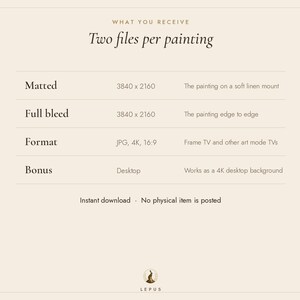 May include: An informational graphic titled What You Receive Two files per painting. It lists specifications for digital files including Matted, Full bleed, Format as JPG, 4K, 16:9, and Bonus desktop background. The text includes details for Frame TV usage.