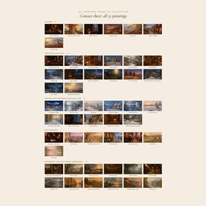 K&ouml;nnte beinhalten: Ein digitaler Kontaktbogen mit dem Titel All Seasons Frame TV Collection, der 51 kleine Landschaftsgem&auml;lde zeigt, die in Kategorien wie Herbst, Weihnachten, Winter, alte Romantik sowie Reiter- und alte Weltlandschaften unterteilt sind.