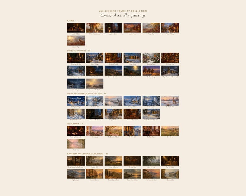 K&ouml;nnte beinhalten: Ein digitaler Kontaktbogen mit dem Titel All Seasons Frame TV Collection, der 51 kleine Landschaftsgem&auml;lde zeigt, die in Kategorien wie Herbst, Weihnachten, Winter, alte Romantik sowie Reiter- und alte Weltlandschaften unterteilt sind.