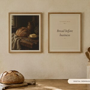 Sourdough and Butter Kitchen Print Set of 2 | Still Life Oil Painting and Kitchen Quote | Cottage Kitchen Art | Digital Download image 1