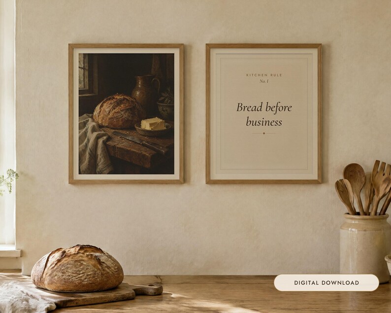 Sourdough and Butter Kitchen Print Set of 2 | Still Life Oil Painting and Kitchen Quote | Cottage Kitchen Art | Digital Download image 1