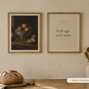 Bowl of Eggs Kitchen Print Set of 2 | Vintage Still Life Oil Painting and Kitchen Rule Quote | Cottage Kitchen Wall Art | Digital Download