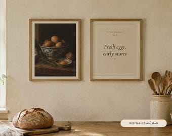 Keukenprintset van 2 met een kom eieren | Vintage stilleven olieverfschilderij met citaat over keukenregels | Muurdecoratie voor een landelijke keuken | Digitale download