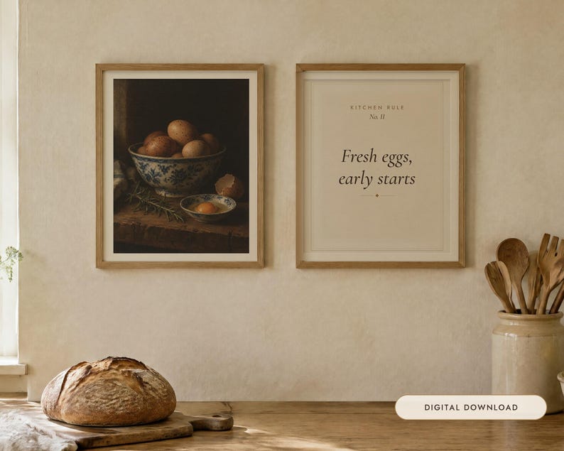 Bowl of Eggs Kitchen Print Set of 2 | Vintage Still Life Oil Painting and Kitchen Rule Quote | Cottage Kitchen Wall Art | Digital Download image 1