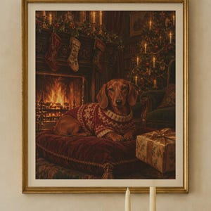 Dachshund Christmas Print, Vintage Oil Painting, Sausage Dog Gift (Digital Download) image 2