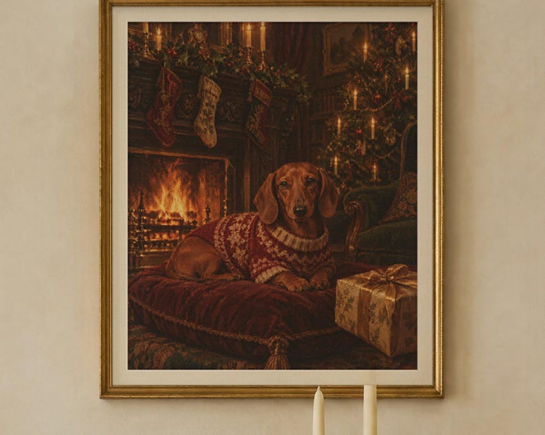 Dachshund Christmas Print, Vintage Oil Painting, Sausage Dog Gift (Digital Download) image 2
