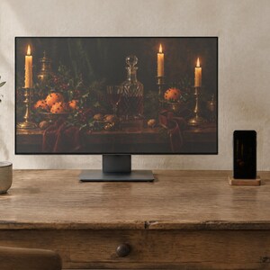 Christmas Still Life Wallpaper | Oil Painting Christmas Phone, iPad and Desktop Background | Cozy Dark Academia Aesthetic | Digital Download image 2