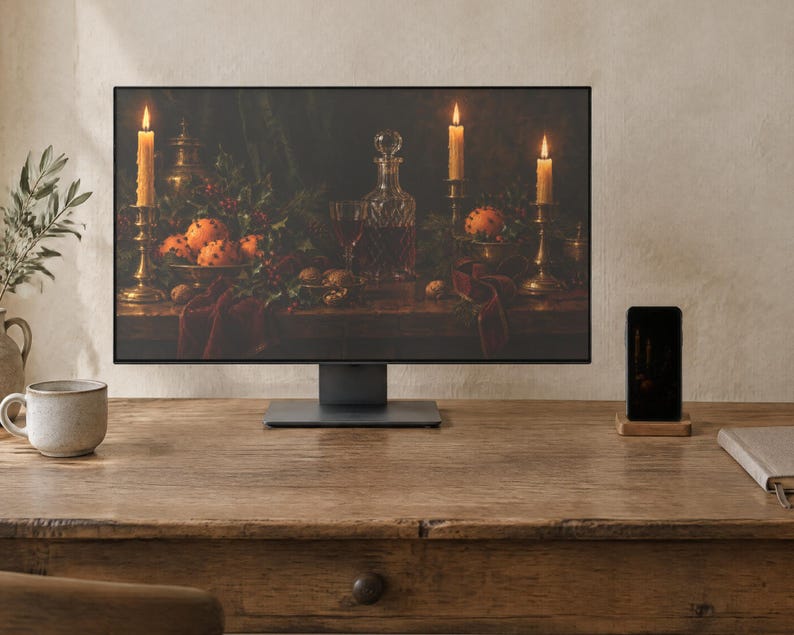 Christmas Still Life Wallpaper | Oil Painting Christmas Phone, iPad and Desktop Background | Cozy Dark Academia Aesthetic | Digital Download image 2