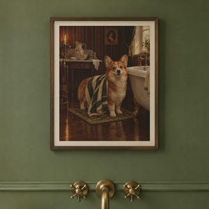 Corgi Bathroom Wall Art, Funny Vintage Oil Painting Print, Corgi Gift (Digital Download) image 2