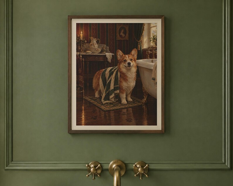 Corgi Bathroom Wall Art, Funny Vintage Oil Painting Print, Corgi Gift (Digital Download) image 2