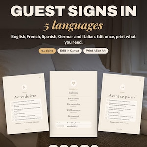 Multilingual Airbnb Signs Template, House Rules, Wi-Fi Sign, Check Out Sign in English French Spanish German Italian, Editable Canva