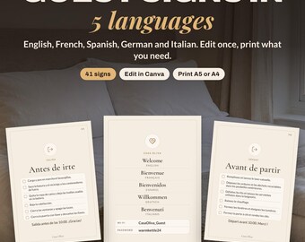 Modello multilingue per cartelli Airbnb, regolamento della casa, cartello Wi-Fi, cartello di check-out in inglese, francese, spagnolo, tedesco e italiano, modificabile su Canva.