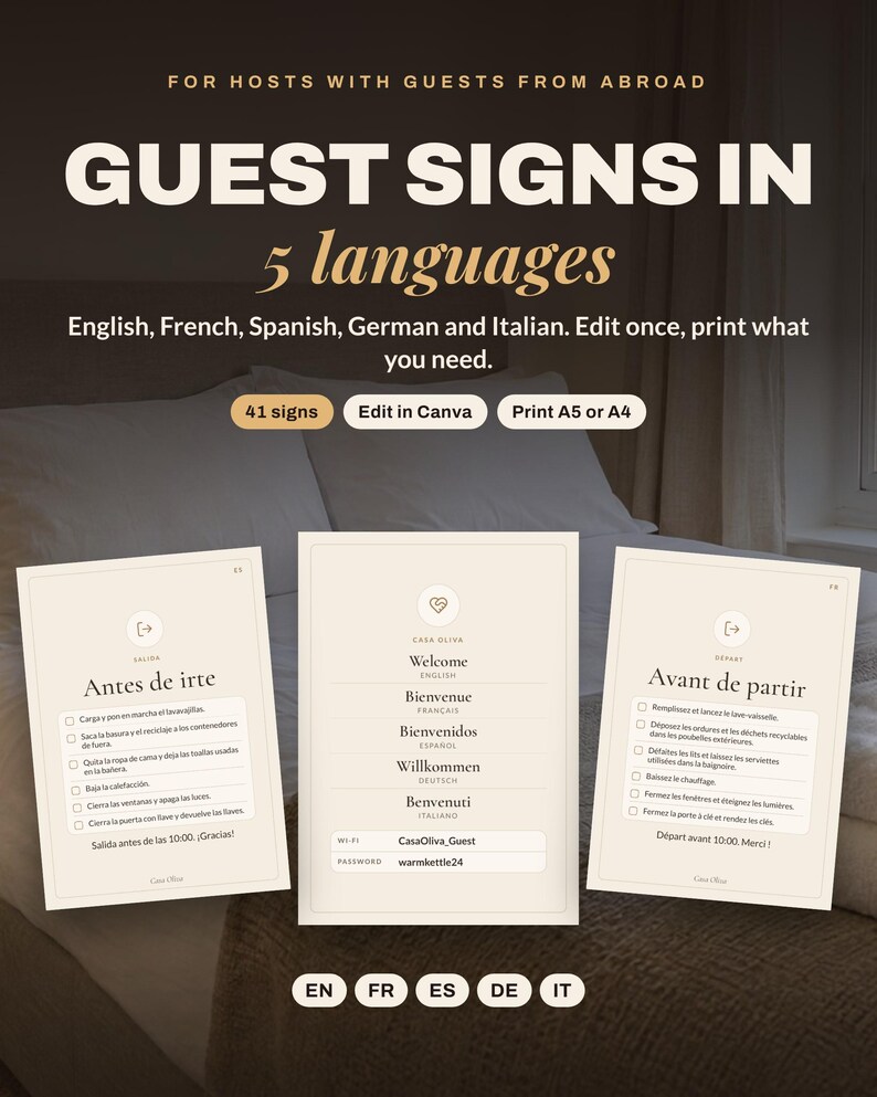Multilingual Airbnb Signs Template, House Rules, Wi-Fi Sign, Check Out Sign in English French Spanish German Italian, Editable Canva image 1