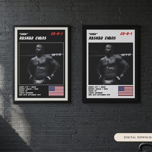 May include: Two framed posters featuring a black and white photograph of Rashad Evans. The text reads "Suga" Rashad Evans, 20-8-1, and includes stats like height 6'0", weight 205lbs, reach 75", stance orthodox, and DOB 25th September 1979.