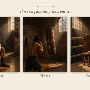 Set van 3 olieverfschilderijen met boksthema | Vintage wanddecoratie voor de bokszaal | Decoratie voor de mancave | Printbare digitale download afbeelding 3