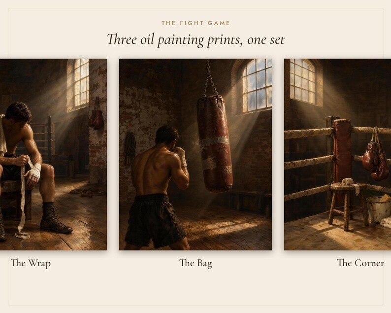 Set van 3 olieverfschilderijen met boksthema | Vintage wanddecoratie voor de bokszaal | Decoratie voor de mancave | Printbare digitale download afbeelding 3