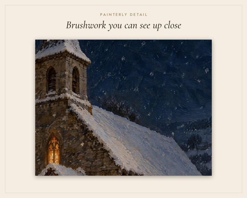 Silent Night Print, Snowy Church Christmas Oil Painting, Christian Wall Art (Digital Download) image 5