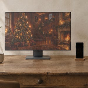 Christmas Tree Wallpaper | Oil Painting Christmas Phone, iPad and Desktop Background | Cozy Victorian Christmas Aesthetic | Digital Download image 2