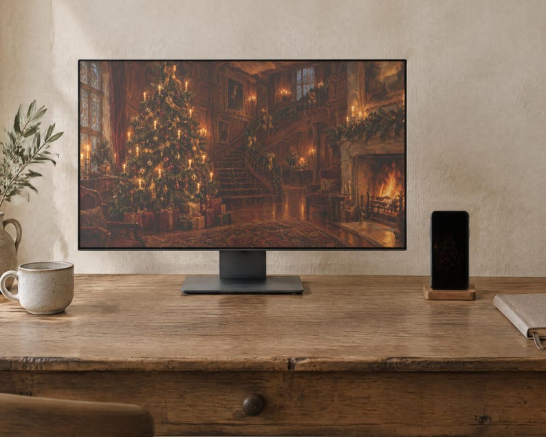 Christmas Tree Wallpaper | Oil Painting Christmas Phone, iPad and Desktop Background | Cozy Victorian Christmas Aesthetic | Digital Download image 2