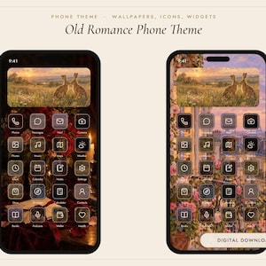 May include: Two smartphones displaying an Old Romance Phone Theme with custom app icons, widgets, and wallpapers. The screens feature a landscape image of two rabbits in a field, alongside icons for phone, messages, mail, camera, photos, music, maps, weather, clock, calendar, notes, settings, store, browser, calculator, contacts, books, podcast, wallet, and health.