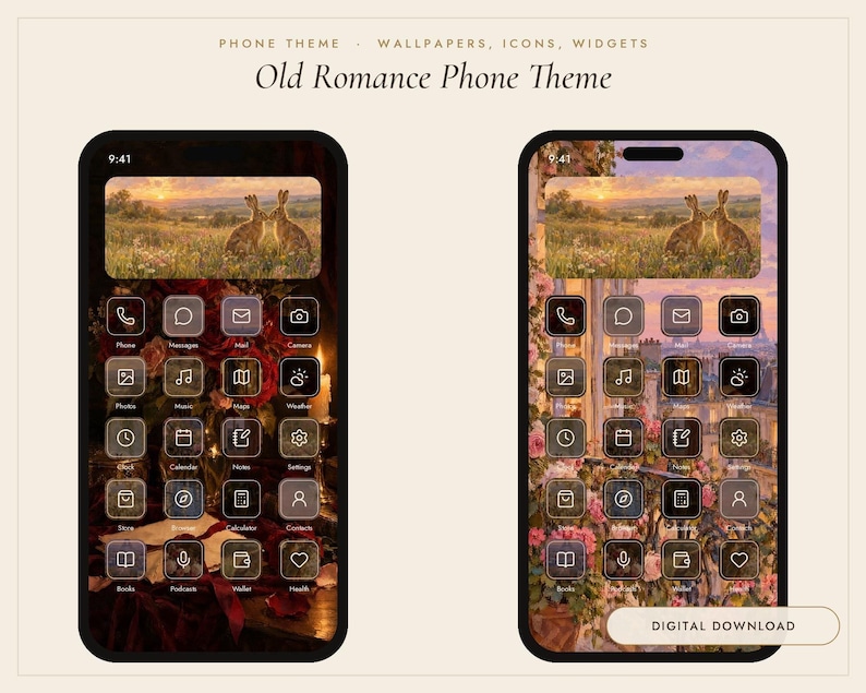 May include: Two smartphones displaying an Old Romance Phone Theme with custom app icons, widgets, and wallpapers. The screens feature a landscape image of two rabbits in a field, alongside icons for phone, messages, mail, camera, photos, music, maps, weather, clock, calendar, notes, settings, store, browser, calculator, contacts, books, podcast, wallet, and health.